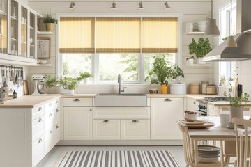 Bright Modern Kitchen Interior with White Cabinets and Dining Table