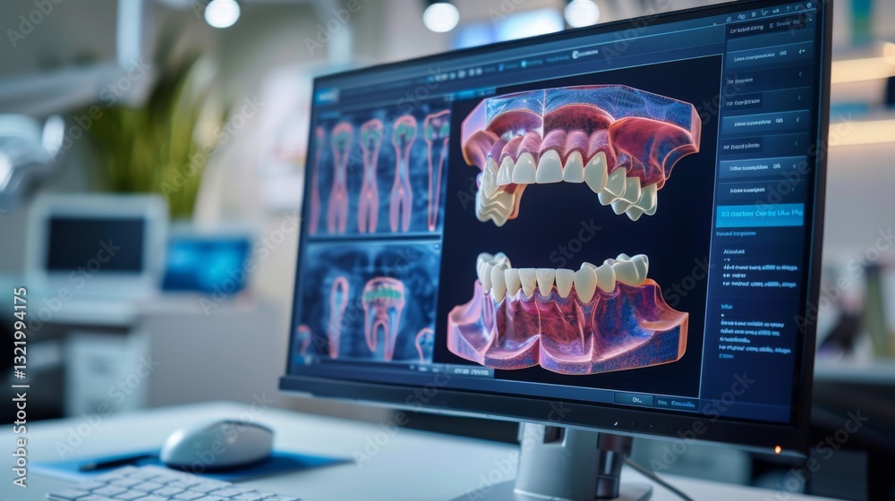Aufkleber a detailed examination of dental structures displayed on a sleek computer monitor in a contemporary 