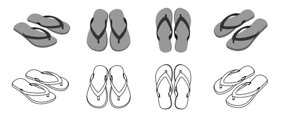 pair of flip flops set, beach sandals in different view, vector illustration isolated on white background.