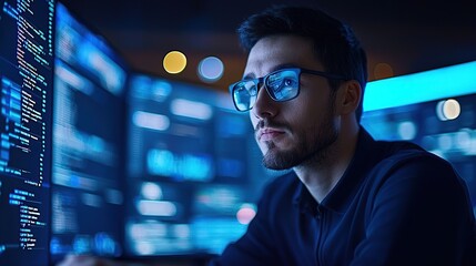 Focused professional analyzing data on multiple screens in a dimly lit environment.