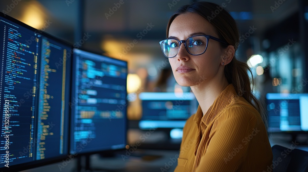 Wall mural focused woman in glasses working with multiple computer screens in a tech environment.