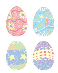 Set of four cute Easter eggs with colorful decorative patterns, perfect for holiday, tradition, and festive designs.