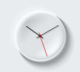 Simple light creative volume clock in realistic flat style, with arrow. White timer on gray background. Business watch. Vector design element for you project