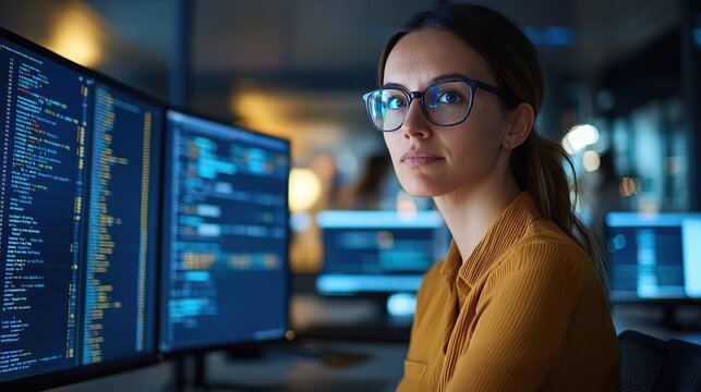 Focused woman in glasses working with multiple computer screens in a tech environment.