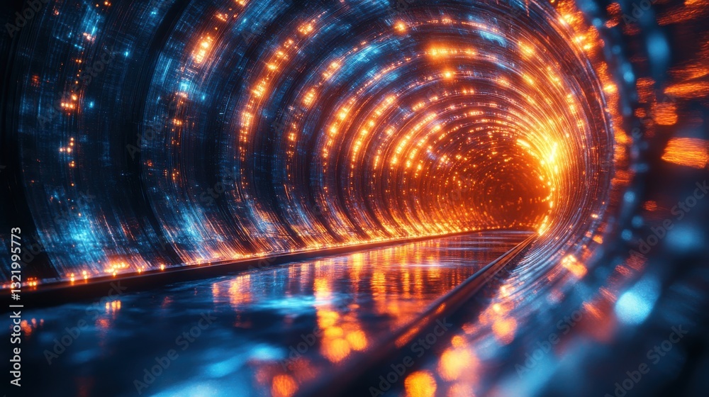 Poster vibrant exploration through an abstract glowing tunnel inspiring wonder and curiosity, featuring int
