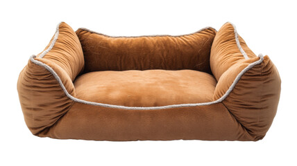 Empty brown soft pet bed resting on transparent background