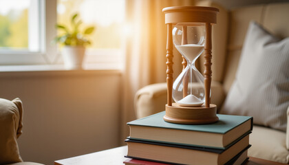 Elegant hourglass balancing on books in cozy reading nook, time symbolism