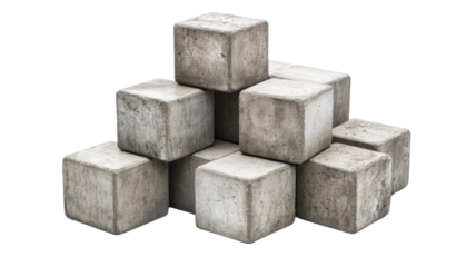 Concrete cubes stacked on transparent background forming pyramid shape