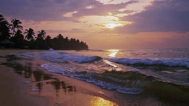 The sun dips toward the horizon over a breathtaking Sri Lankan beach, casting a warm, golden glow across the sky and shimmering ocean waves. 