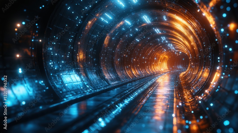 Aufkleber Experience the mesmerizing journey through a radiant tunnel filled with luminous reflections and vibrant colors, inviting exploration and wonder