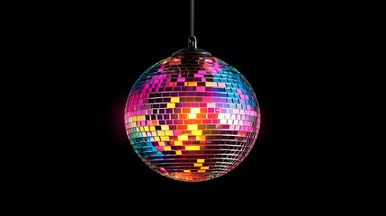 A Colorful Disco Ball Reflects Light Against a Black Background Suspended From a Chain Illuminating a Festive Atmosphere