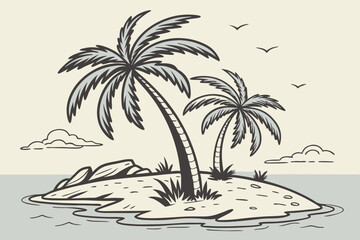 A cluster of tow separate palm tree on a small island