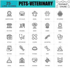 Pets and Veterinary Line Icons – 25 Editable Stroke Vector Icons for Animal Care and Pet Services