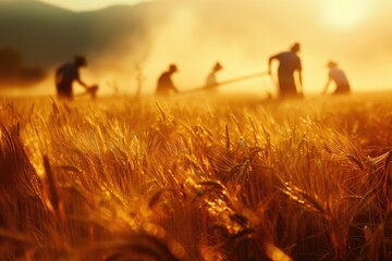 Workers gather wheat in golden fields during sunset. The warm light casts a beautiful glow while dust rises around the diligent harvesters
