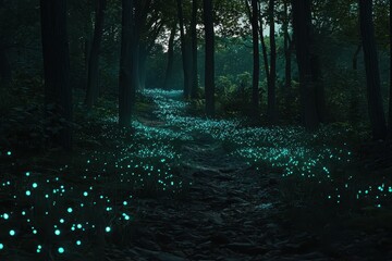 Fototapeta premium Enchanted Forest with Glowing Blue Flowers and Mysterious Atmosphere