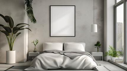 Mockup of empty frames, modern design, mockup to advertise pictures, bedroom	