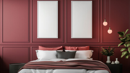 Mockup of two empty frames, modern design, mockup to advertise pictures, bedroom	