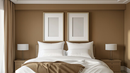 Mockup of two empty frames, modern design, mockup to advertise pictures, bedroom	