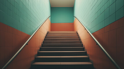Colorful staircase leading to a bright corridor in a well-lit, modern building during daylight hours Generative AI