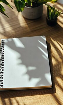 Blank notebook on a wooden table with sunlight casting shadows from nearby plants