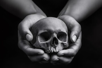 Two hands holding a skull in black and white representing death and mortality