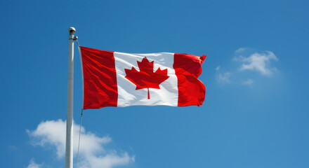 Canada Flag Waving High: Patriotic Pride, National Symbol, Red Maple Leaf Against Blue Sky, Canadian Identity, Celebrations, Travel & Tourism