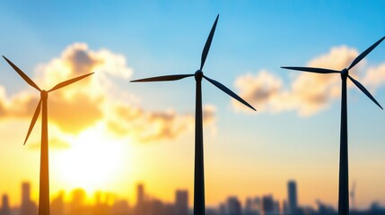 Fototapeta premium Silhouetted Wind Turbines at Sunset Over City