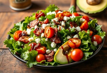 Fresh mixed greens salad with cherry tomatoes, bacon, avocado, and feta cheese