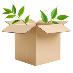 Emerging Growth: A cardboard box sprouts vibrant green plants, symbolizing new beginnings, sustainability, and growth