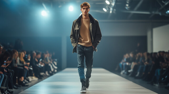 Fashion model strutting down the catwalk during a vibrant fashion show, captivating the audience with style and confidence