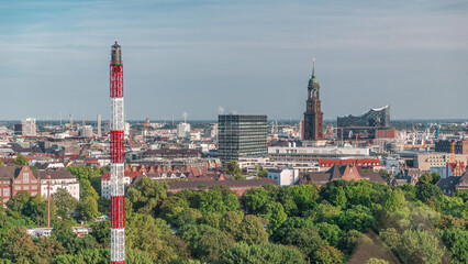 Aerial timelapse of Hamburg's historic city center skyline with iconic towers and spires. Germany