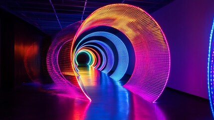 Colorful LED Tunnel: Abstract Light Installation Art Gallery with Reflective Floor and Modern Design Aesthetic for Backgrounds.