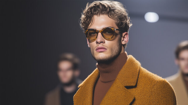 Male model strutting runway, wearing designer sunglasses and sleek turtleneck, exuding confidence at high-fashion event - Powered by Adobe