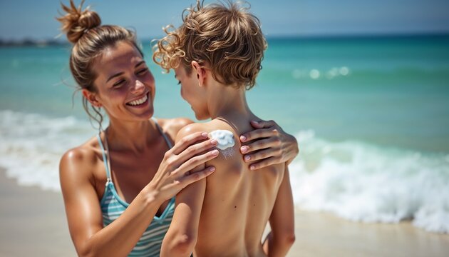 Mother applying sunscreen on her son's back with a joyful mood at the beach