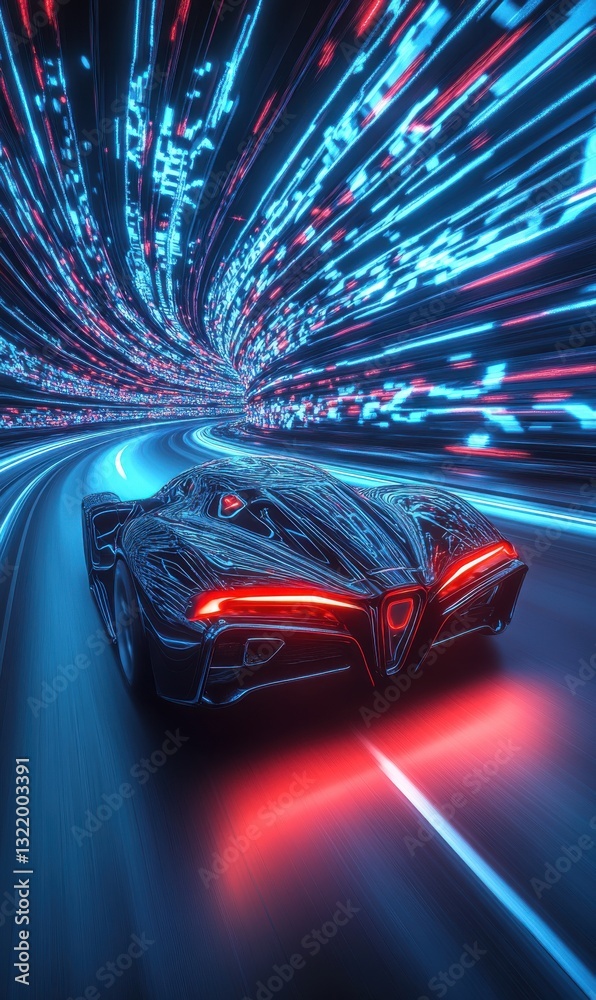 Poster futuristic car races through a glowing tunnel infused with vibrant neon lights and dynamic energy pa