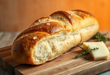 Freshly baked baguette with thyme and cheese