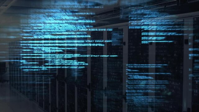 Digital code and data processing animation over servers in data center