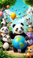 Naklejka premium A group of pandas standing around a globe in a jungle.