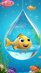 An illustration of a clown fish floating in a bubble filled with water.