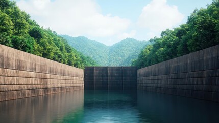 Fototapeta premium Minimalist digital rendering of a hydroelectric dam in a scenic natural setting