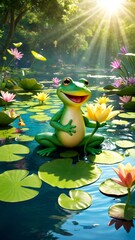 Fototapeta premium A green frog sitting on top of a pond filled with water lilies.