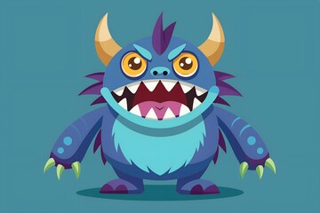 Naklejka premium Angry blue monster with horns and sharp teeth