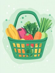 Fresh fruits and vegetables in a green shopping basket presented in a smooth style against a soft pastel background