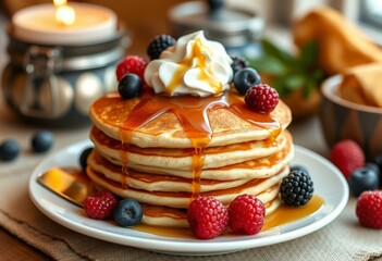 Golden pancakes with berries and syrup