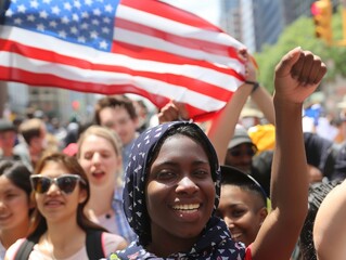 Fototapeta premium Citizens of diverse backgrounds coming together to raise the flag on Flag Day