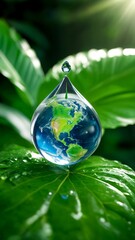 A drop of water sitting on top of a green leaf.