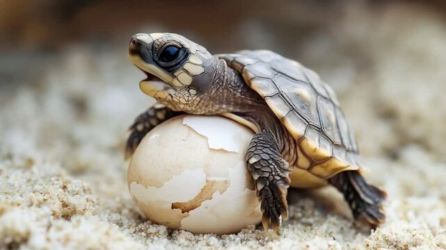 Newborn Turtle Emerging from Egg on Sandy Beach
