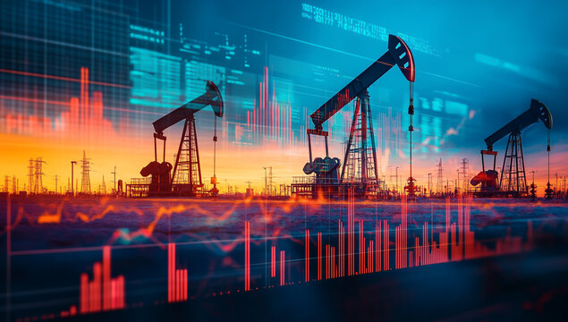 Oil Production and Stock Market Trends in the Background - Powered by Adobe