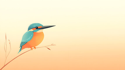 Fototapeta premium Kingfisher on Branch, Colorful Wildlife Concept Minimalist Background