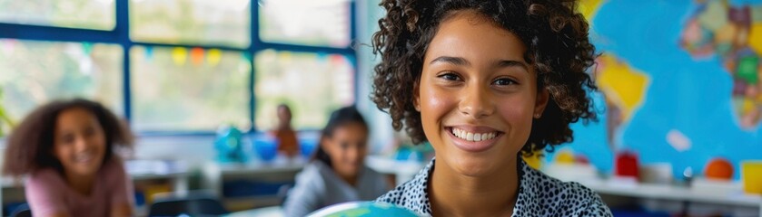 Enthusiastic young teacher smiling with a globe in her classroom